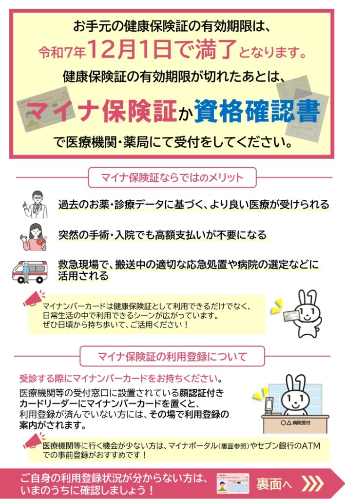 マイナ保険証か資格確認書で医療機関・薬局にて受付をしてください。