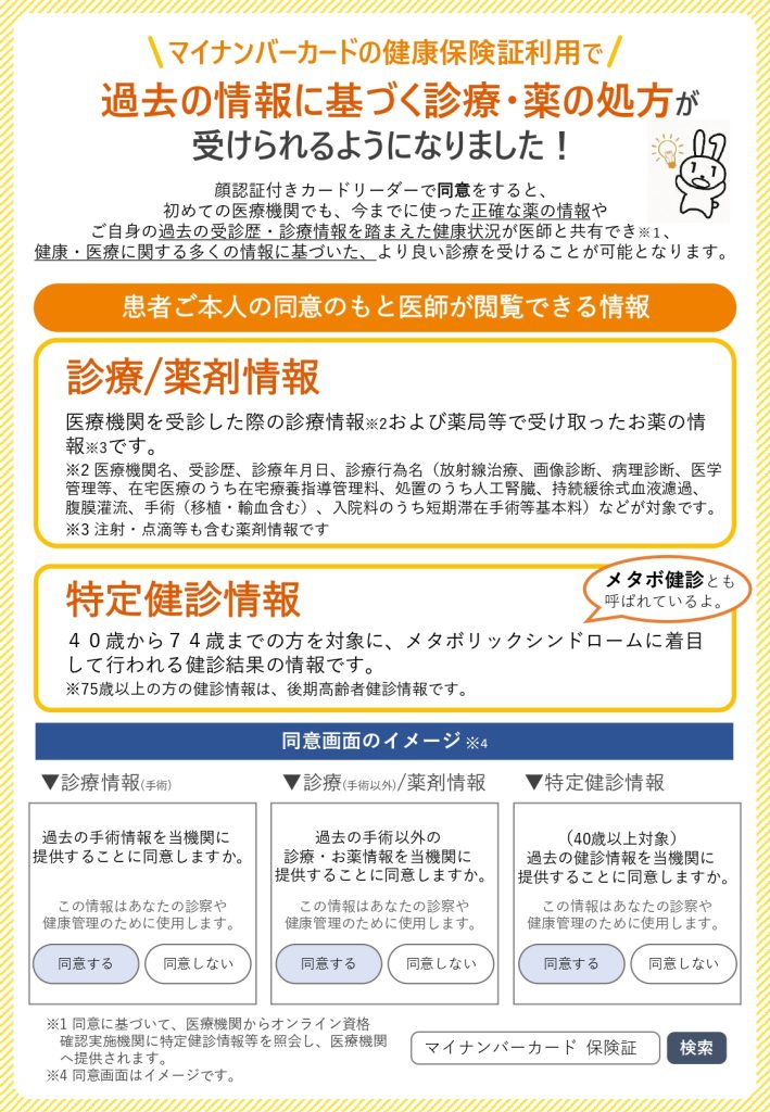マイナンバーカードの健康保険証利用で過去の情報に基づく診療・薬の処方が受けられるようになりました！